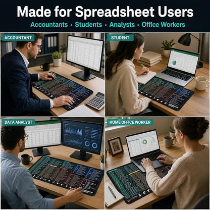 Excel Cheat Sheet Desk Pad, Large Mouse Pad with Shortcuts & Formulas for Windows PC, Non-Slip Stitched Office Keyboard Mat, Carbon Black, 35.5 x 15.8 in,3mm Thick