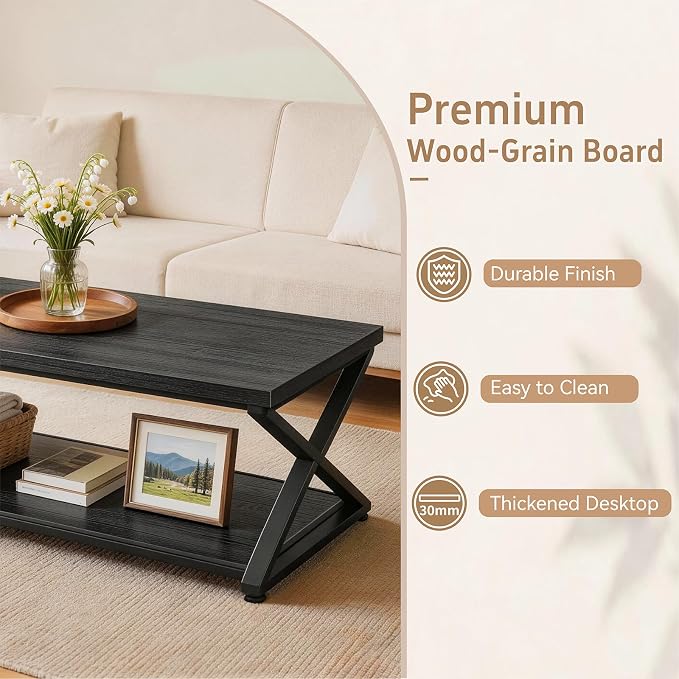 Coffee Table for Living Room, 2 Tier Rectangular Tea Table, Industrial Center Table forBedroom Home Office, Black,47 Inch
