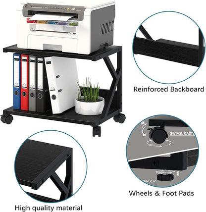 aboxoo Desktop Printer Stand with 2 Tier Wood Storage Shelves,Under Desk Printer Table,Multi-Purpose Home Office Desk Organizer for Fax Machine, Scanner (Black)