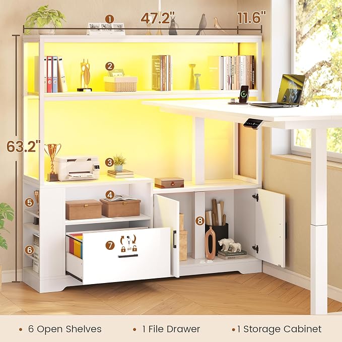 SEDETA 56.7" L Shaped Standing Desk, Reversible Computer Office Desk with Drawers & Hutch, Stand Up Corner Gaming Desks with LED Lights & Power Outlets for Home Office, White