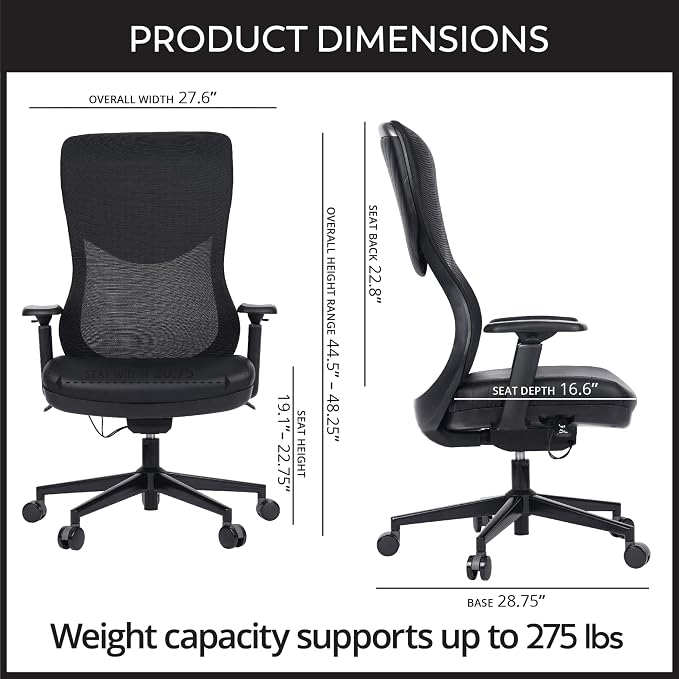 WorkPro® Fortimo Ergonomic Mesh/Vegan Leather High-Back Executive Chair, Black/Black, BIFMA Compliant