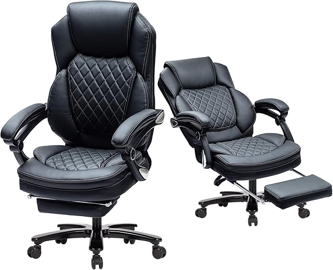500lbs Reclining Office Desk Chair with Footrest, Managerial Executive Chair Lounge Chair for Office, Plus Size Black Leather Recliner Office Chairs