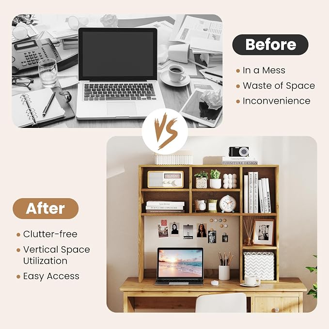 LDAILY Desktop Bookshelf, 37’’ Wood Desk Shelf with 7 Cubes & 3 Adjustable Shelves, 3-Tier Desk Display Rack, Desk Hutch for Dorm College Office Computer Monitor Up to 27’’ (Natural, 7 Shelves)