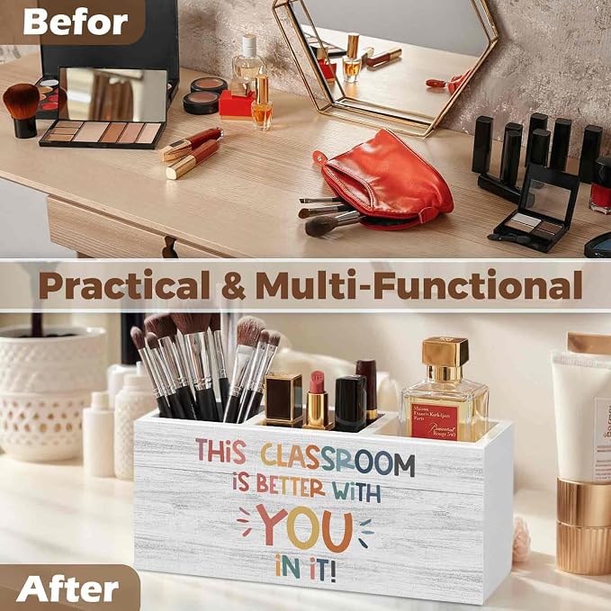 Boho Classroom Pencil Pen Holder for Desk Organizer, Inspirational Motivational Gifts, This Classroom Is Better with You in It Wooden Box Decorations for Kids Room Bedroom Desk Tabletop Decor