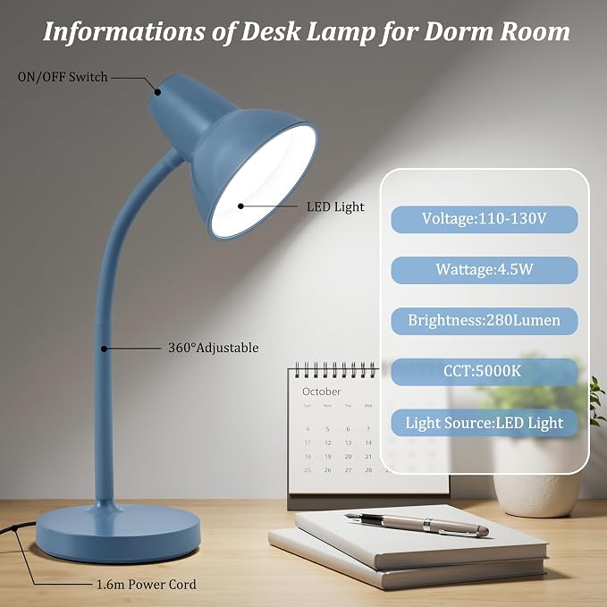 LED Desk Lamp with Flexible Gooseneck, Eye-Caring 4.5W Energy-Saving Study Lamps, Anti-tip Heavy Duty Bedside Reading Light, Desk Lamps for College Dorm Room, Home Office, Modern Lamp with 1.6m Cord