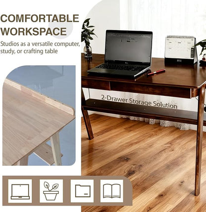 Mid-Century Modern 100% Solid Wood Writing Desk, 47" Rubberwood Home Office Computer Table & Workstation Desk with 2 Drawers, Lower Shelf & Side Hooks, 350 lbs Load, Laptop Desk