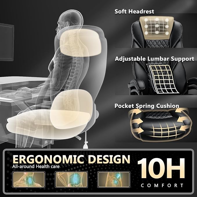 600lbs Big and Tall Office Chair with Pocket Spring Cushion, Heavy Duty Office Chair for Low Back Pain Relief, Large Executive Office Chair (Classic, Black with Gel Seat Cushion)