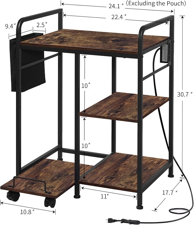 Sedegn Large Printer Stand with 3 AC Outlets for Home Office Devices | Heavy-Duty Printer Table for Laser Printer, Side Paper Storage Bag, 3-Tier Organizer for Shredder, PC Tower & Supplies, Brown