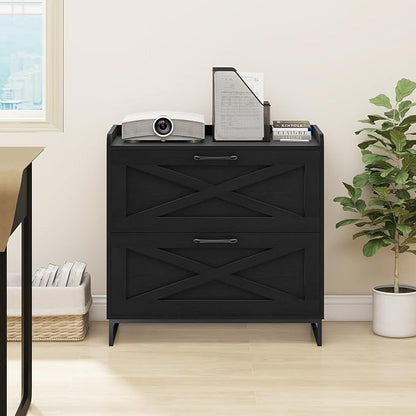 Halitaa Lateral File Cabinet with Charging Station, 2 Drawer File Cabinet for Letter/Legal/A4 Size Hanging Files, Large Wood File Storage Cabinets Printer Stand for Home Office, Black