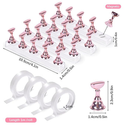 JUSTOTRY 4 Sets Pink Nail Painting Practice Stand With 1M Double-sided Tape Acrylic Fake Nail Art Holder For Press Ons Magnetic Nail Display Design Tools Kit Accessories For Home Diy Salon Supplies
