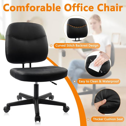 CLATINA Armless Home Office Chair,Small PU Leather Ergonomic Low Back Desk Chair with Lumbar Support and Wheels, Adjustable Height 360° Swivel Rolling Computer Task Chair, Black, 2 Pack