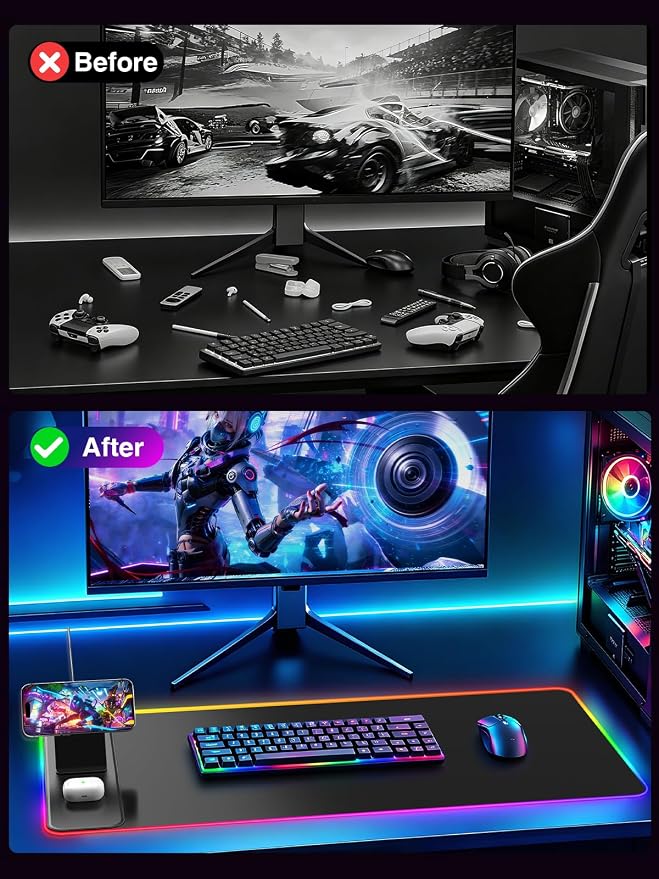 Wireless Charging Mouse Pad with Magnetic Phone Stand, 31.5"x15.8" Large | Gaming Mousepad RGB Desk Mat, Smooth Glide, Stitched Edge, Non-Slip Rubber Base, Waterproof Keyboard Mat, with Adatper
