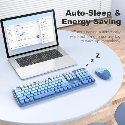 Wireless Keyboard and Mouse Combo, 2.4GHz Gradient Colorful Full-Size Retro Typewriter Keyboard with Wireless Mouse for PC/Desktop/Laptop/Windows (Blue Gradient)