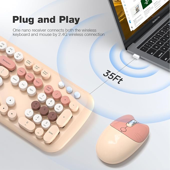 MOFII Wireless Keyboard and Mouse Combo, 2.4G Full-Size Retro Typewriter Computer Keyboard and 3 Level DPI Adjustable Wireless Mouse for Windows, Mac OS Desktop/Laptop/PC-Milk Tea Colorful