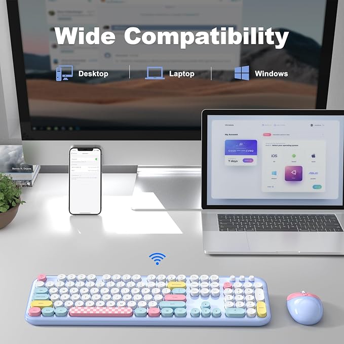 Wireless Keyboard and Mouse Combo, Meidosa 2.4GHz Colorful Full-Size Retro Typewriter Keyboard with Cat Shape 3 Level Adjustable Optical Mouse for PC/Desktop/Laptop/Windows (Pale Blue Colorful)