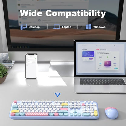 Wireless Keyboard and Mouse Combo, Meidosa 2.4GHz Colorful Full-Size Retro Typewriter Keyboard with Cat Shape 3 Level Adjustable Optical Mouse for PC/Desktop/Laptop/Windows (Pale Blue Colorful)