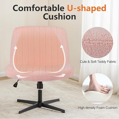 Sweetcrispy Criss Cross Chair Legged, Furry Armless Office Swivel Desk Chairs No Wheels, Vanity Height Adjustable Wide Seat Comfy Cute Computer Task Chair for Home Bedroom, Teddy Pink