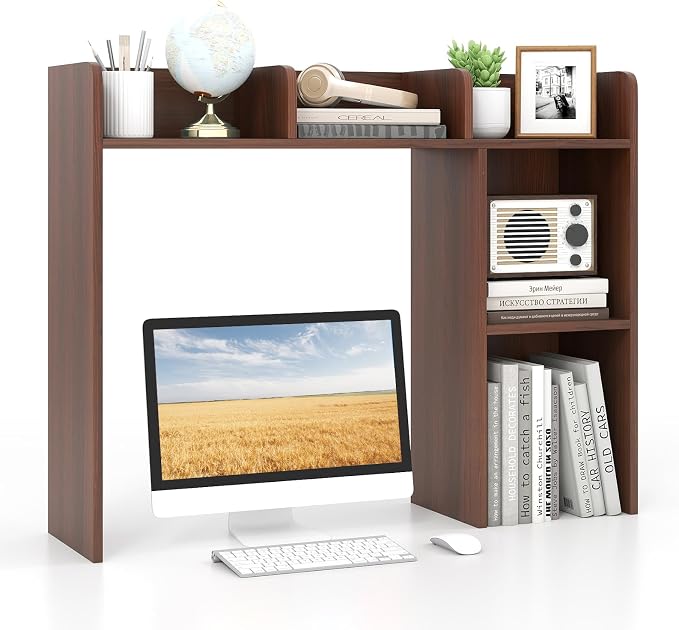 GOFLAME 5 Shelves Desktop Bookshelf, Wood Desk Hutch Dorm for Computer Desk, Countertop Display Rack, 3-Tier Desk Storage Organizer Shelf for Dormitory, Home Office, Study, Walnut
