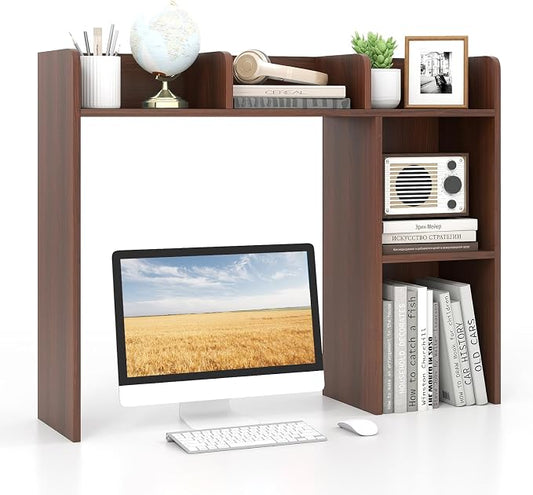 GOFLAME 5 Shelves Desktop Bookshelf, Wood Desk Hutch Dorm for Computer Desk, Countertop Display Rack, 3-Tier Desk Storage Organizer Shelf for Dormitory, Home Office, Study, Walnut