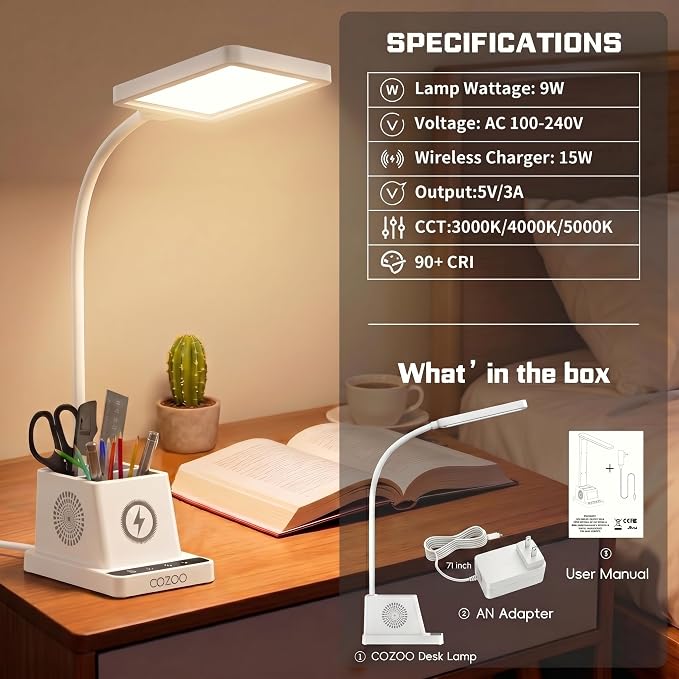 cozoo LED Desk Lamp for Home Office, Desk Light with 15W Wireless Charger Pen Holder, 12 Lighting Modes Desk Lamp for Bedroom, Small Table Lamp for College Dorm, Study, Craft, Nail, White