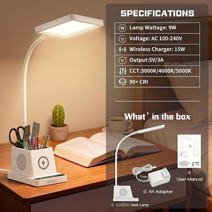 cozoo LED Desk Lamp for Home Office, Desk Light with 15W Wireless Charger Pen Holder, 12 Lighting Modes Desk Lamp for Bedroom, Small Table Lamp for College Dorm, Study, Craft, Nail, White