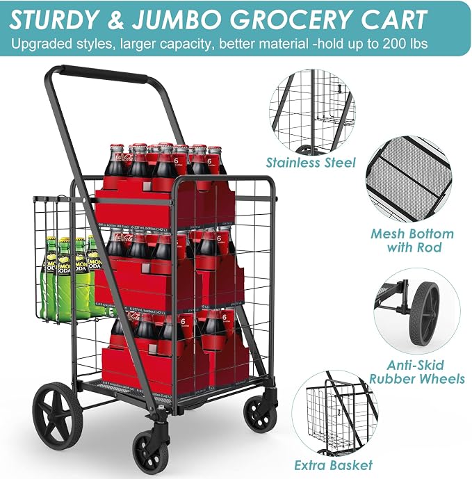 Upgraded Shopping Cart for Groceries,330LBS Jumbo Grocery Cart with Waterproof Liner, 360° Rolling Swivel Wheels and Double Basket, Heavy Duty Folding Shopping Carts for Laundry Transport