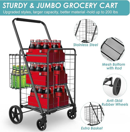 Upgraded Shopping Cart for Groceries,330LBS Jumbo Grocery Cart with Waterproof Liner, 360° Rolling Swivel Wheels and Double Basket, Heavy Duty Folding Shopping Carts for Laundry Transport