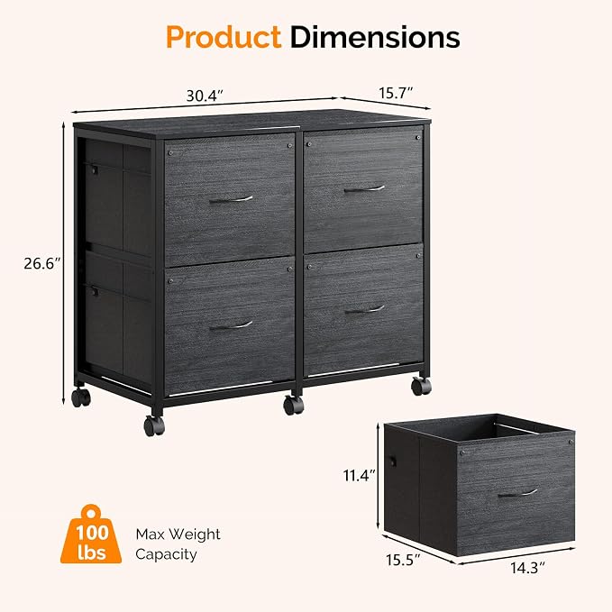 VINGLI Drawer File Cabinet Rolling Mobile Under Desk with Wheels, Fabric Drawers Printer Stand for Home Office, Fits Letter Size (Black, 4 Drawers)