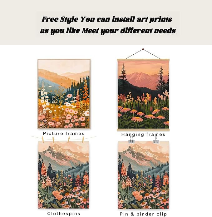 Boho Colorful Watercolor Mountain Posters Wall Art Set of 3 Wildflower Canvas Wall Decor Abstract Nature Landscape Artwork Paintings Picture Print for Living Room Bedroom Office 12x16 In Unframed