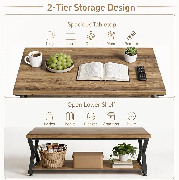 Coffee Table with Storage, 2 Tier Farmhouse Center Table, Rectangle Cocktail Tea Table for Living Room Bedroom, Rustic Brown,39Inch