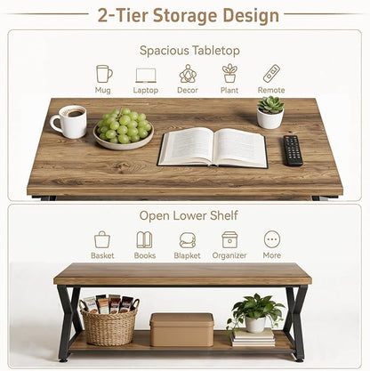 Coffee Table with Storage, 2 Tier Farmhouse Center Table, Rectangle Cocktail Tea Table for Living Room Bedroom, Rustic Brown,39Inch