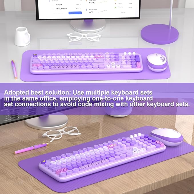 Wireless Keyboard and Mouse Combo, 104 Keys Cute Colorful Keyboard and Mouse with Retro Typewriter for PC/Mac/Laptop/Tablet/Computer/Windows Microsoft, Purple