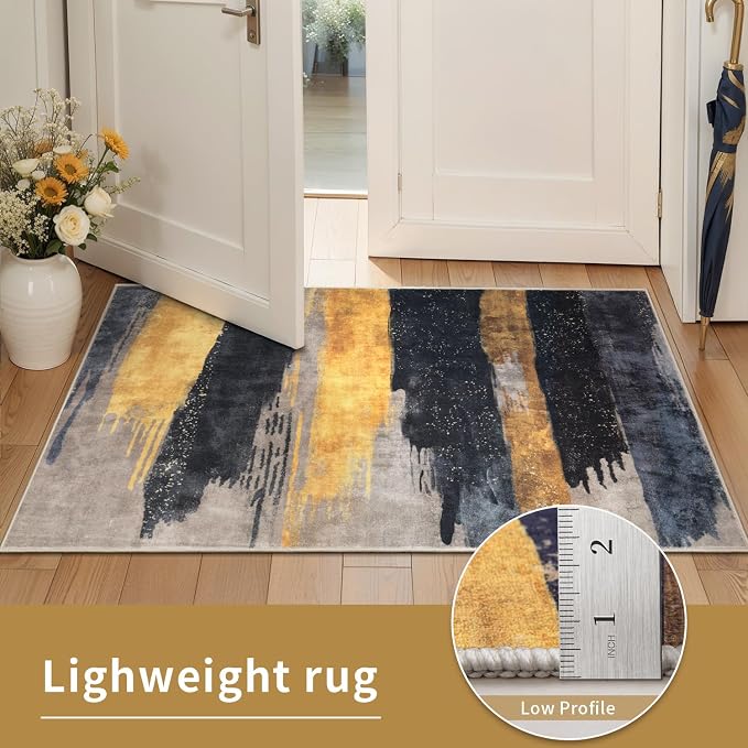 Ciicool Modern Abstract Rug for Living Room, 5'x7' Machine Washable Area Rug Non-Slip Rug, Low-Pile Contemporary Indoor Dining Floor Carpet for Bedroom Office Under Table Home Decor Black Gold