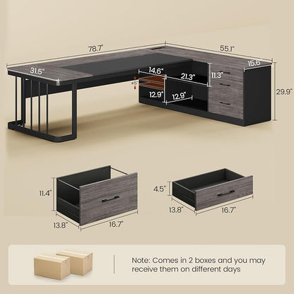 UPOSOJA 78.7" Executive Desk, Large Office Desk with Drawers & Storage Shelves, Modern L Shaped Computer Desk Corner Desk with Power Outlets, File Cabinet, Business Furniture Desk Workstation (Grey)