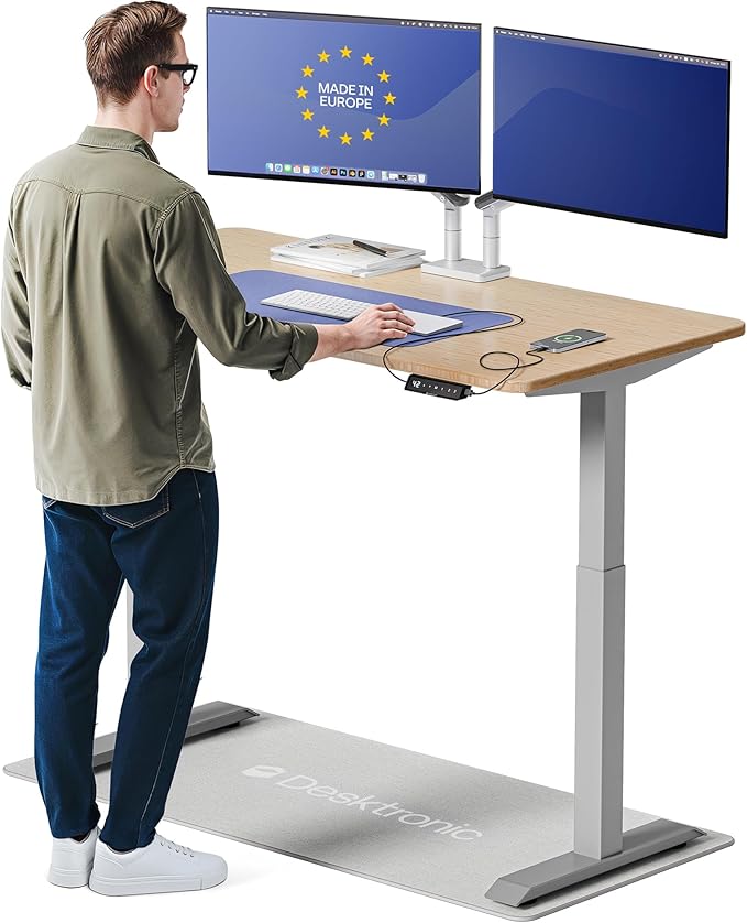 Desktronic HomeOne Standing Desk 54x28 — Ergonomic Sit Stand Home Office Desk, Made in Europe, Electric Dual Motor Height Adjustable, USB & USB-C Charging, Wobble-Free, Touchscreen, 3 Memory Presets