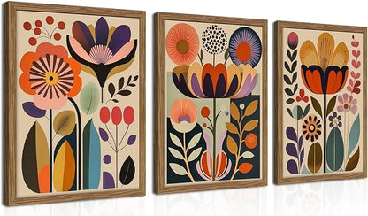 Framed Colorful Floral Wall Art Set of 3, Abstract Scandinavian Flower Canvas Wall Decor Paintings, Mid Century Modern Botanical Artwork Pictures Prints for Living Room Bedroom Dining Room 16x24 Inch