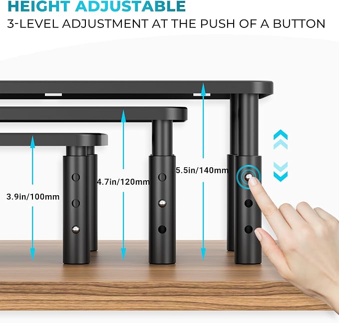 BONTEC 1 Pack 3 Height Adjustable Monitor Stand Riser with Pen Holder, Ergonomic Metal Laptop Stand with Cable Management, Desktop Stand for Computer, Printer (Black, 14.3” x 9.1”)