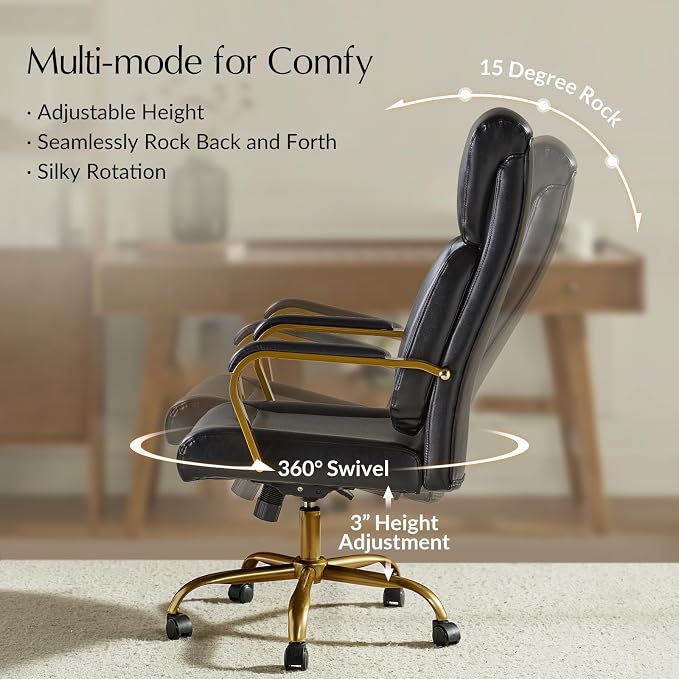 HULALA HOME Executive Office Chair with Adjustable Lumbar Support, Leather Ergonomic Office Chair with Padded Armrests, Tilt and High Back, White and Gold, Black