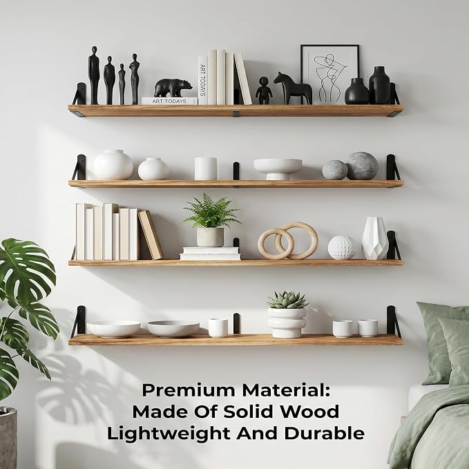 Long Wall Shelf,Large Floating Shelves for Wall,Wood Floating Bookshelves Hanging,Book Storage Display for Living Room Bedroom Office Bathroom Decor,4 Pack,47 Inch,Carbonized Black