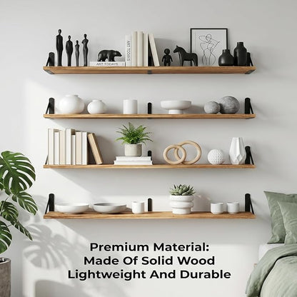 Long Wall Shelf,Large Floating Shelves for Wall,Wood Floating Bookshelves Hanging,Book Storage Display for Living Room Bedroom Office Bathroom Decor,4 Pack,47 Inch,Carbonized Black