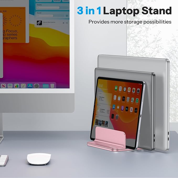 OMOTON Vertical Laptop Stand [Updated 3-Solts Version], Desktop Aluminum Mac Book Stand with Adjustable Dock Size, Fits All Mac Book, Surface, Chrome Book and Gaming Laptops (Up to 17.3 in),Rosegold