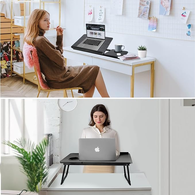 Laptop Desk for Bed Couch,Lap Desk for Laptop,Portable Laptop Stand for Desk,Small Adjustable Laptop Desk,Foldable Bed Table for Laptops and Writing, Bed Tray Table with Cup Holder(Black)