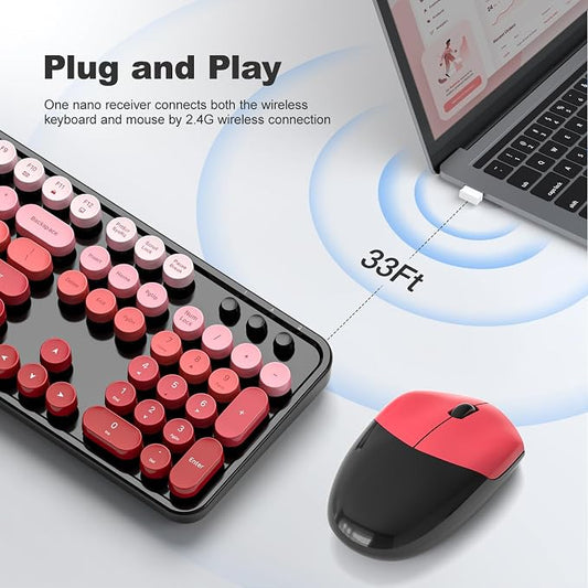 Wireless Keyboard and Mouse Combo, MOWUX Full Size Typewriter Retro Round Computer Keyboard, Cute Optical Mouse Wireless, Plug and Play, for Laptop, PC, Computer- Black Red Gradient