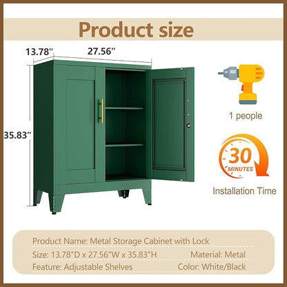 GAIOUS 36" Tall Metal Storage Cabinet with Lock, File Cabinet with 2 Doors and 2 Adjustable Shelves, Green Bathroom Floor Storage Cabinets, Freestanding Small Locked Cabinets for Home/Office/Garage