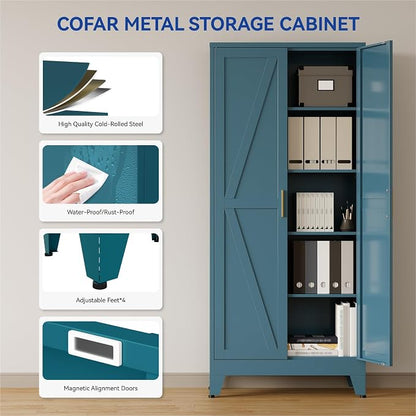COFaR Metal Pantry Cabinet with Doors, Farmhouse 71'' Tall Storage Cabinet with 4 Adjustable Shelves, Kitchen Pantry Cabinet for Dinning Room, Laundry, Peacock Blue 5-Tier