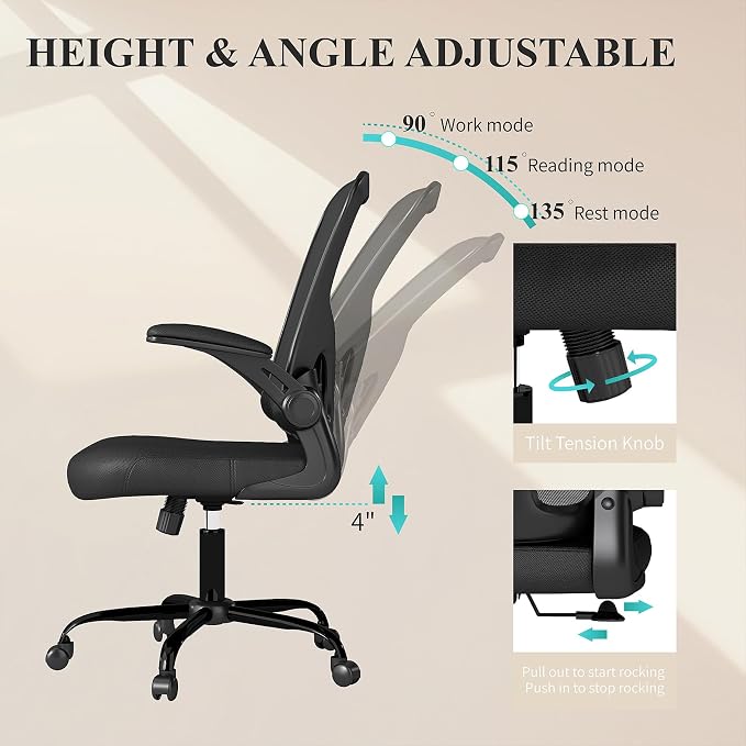 Flysky Mesh Office Chair, Ergonomic Computer Desk Chairs for Home Office - with Comfy/Comfortable Flip-up Arm Rests, Lumbar Support, Height Adjustable, 360 Degree Rolling Swivel (Black, 6 Pack)