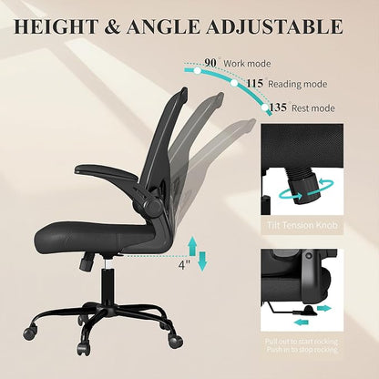 Flysky Mesh Office Chair, Ergonomic Computer Desk Chairs for Home Office - with Comfy/Comfortable Flip-up Arm Rests, Lumbar Support, Height Adjustable, 360 Degree Rolling Swivel (Black, 8 Pack)