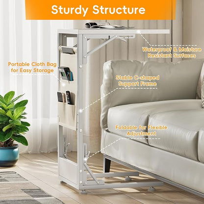 Folding TV Tray Table, Small Folding Side Table with Storage Bag, Portable C Shaped End Table for Couch Sofa Bed, White