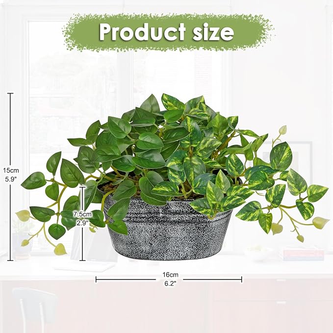 Artificial Plants Indoor 5.9" Faux Plant in Metal Pot, Small Fake Potted Plants with 2 Mixed Leaves Greenery Silk Plant for Living Room Desk Office Table Kitchen Farmhouse Shelf Home Vintage Decor