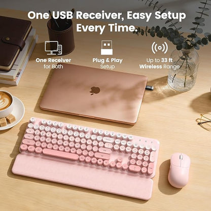 Wireless Keyboard and Mouse Combo, Magnetic Soft-Touch Wrist Rest, Round Keycaps, Full-Size Retro Typewriter Keyboard, 2-Stage Tilt Legs, Auto Sleep, 2.4GHz Cordless for Windows PC, Blush Pink Ombre